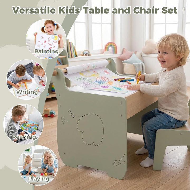 FANTASK 4 in 1 Holz Kindertisch mit Stuhl, wendbare & abnehmbare Tischplatte, Maltisch mit Stauraum