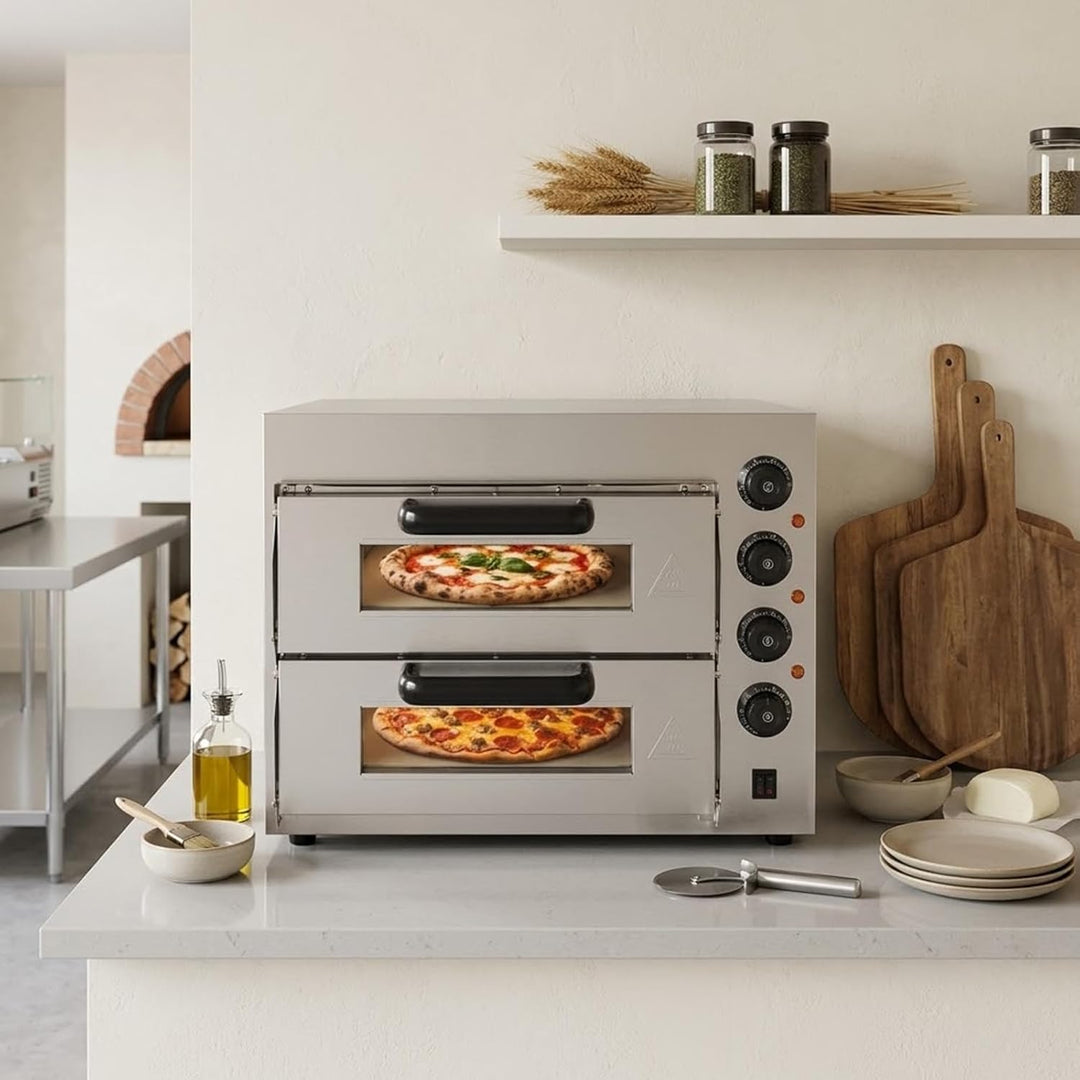 Doppelstock Pizzaofen aus Edelstahl, 3000W Pizzaofen, Elektrisch Pizzabackofen, Mehrzweck-Pizzamaker