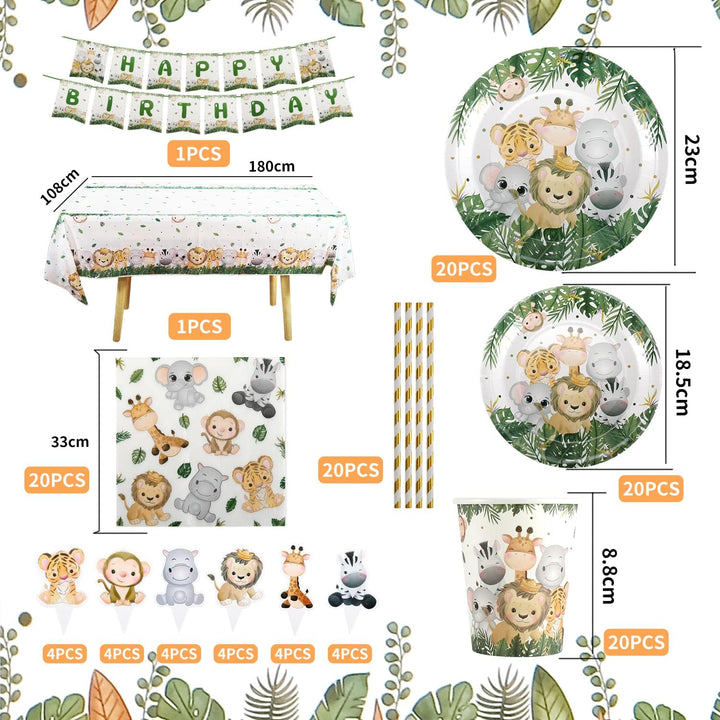 Dschungel Safari Partygeschirr Set,Junge Einweggeschirr Set 126 Stück Papier Teller Tassen Serviette
