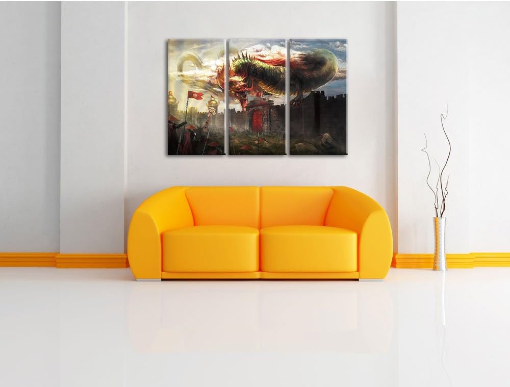 Pixxprint Drache über der Festung als Leinwandbild | Grösse: 3 Teilig (120x80) | Wandbild| Kunstdruc