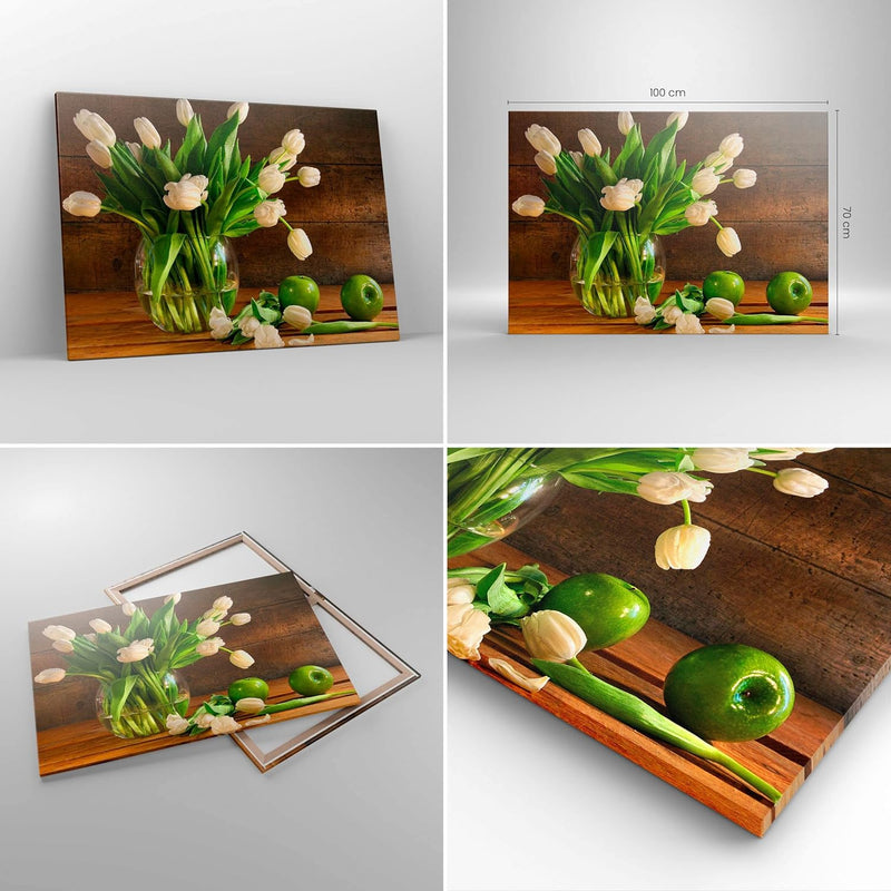 Bilder auf Leinwand 100x70cm Leinwandbild Tulpen Apfel Blumenstrauss Frühling Gross Wanddeko Bild Sc