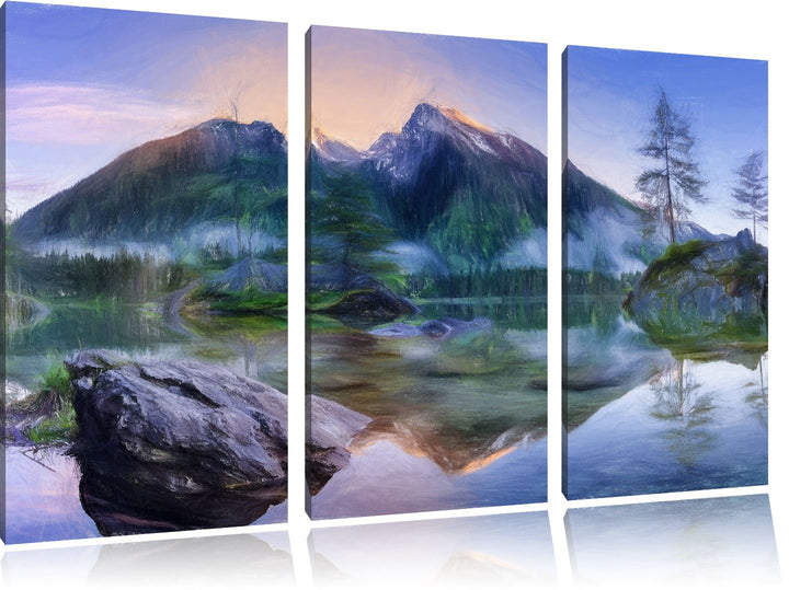 Pixxprint Sonnenaufgang am Hintersee / 3-Teilig/Gesamtmass 120cm Leinwandbild bespannt auf Holzrahme