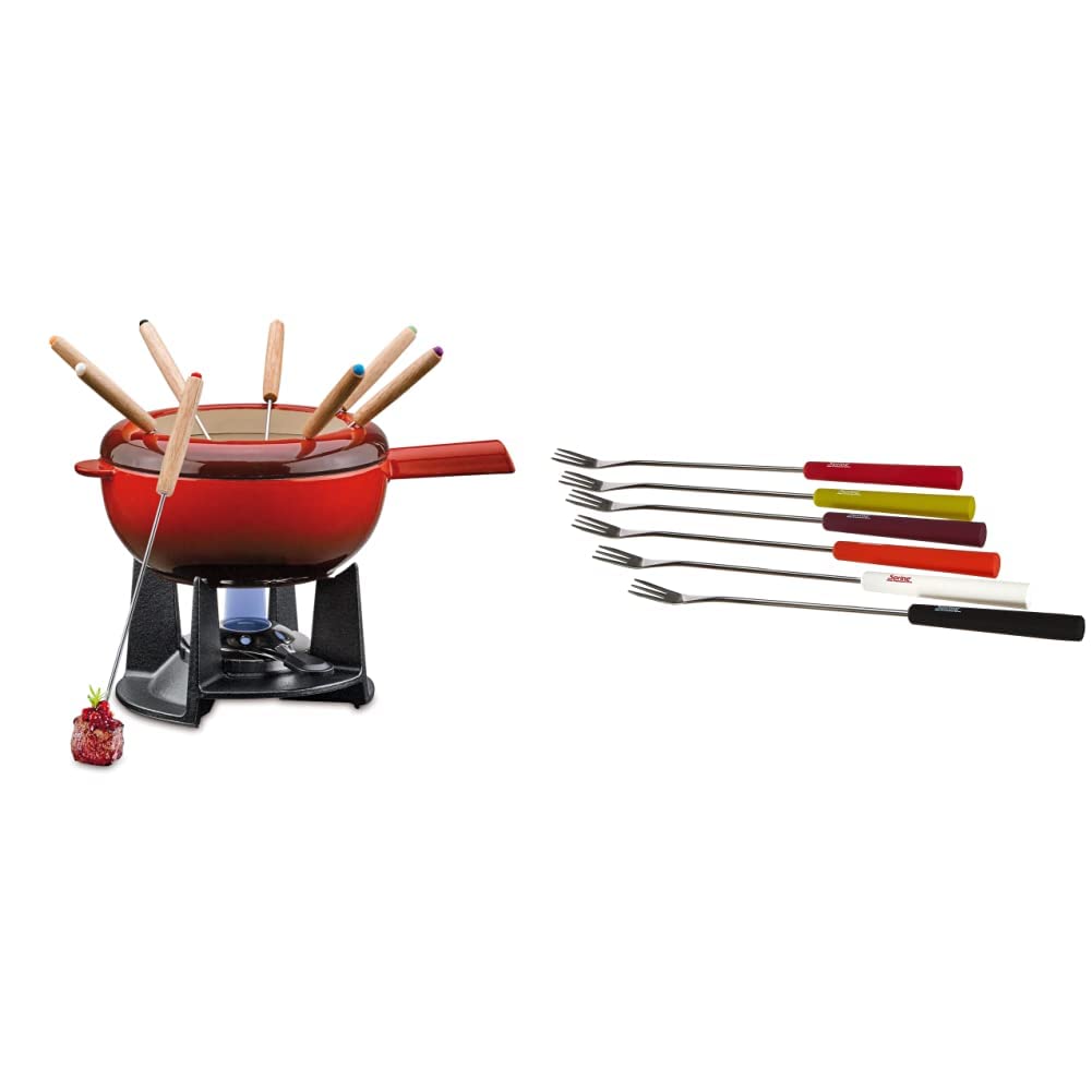 Spring Gusseisen Fondue Set rot | Ø 20 cm | mit 8 Fonduegabeln und Spritzschutz | Rechaud Brenner &amp;