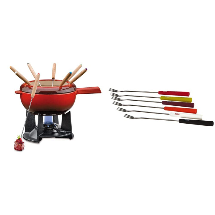 Spring Gusseisen Fondue Set rot | Ø 20 cm | mit 8 Fonduegabeln und Spritzschutz | Rechaud Brenner &amp;