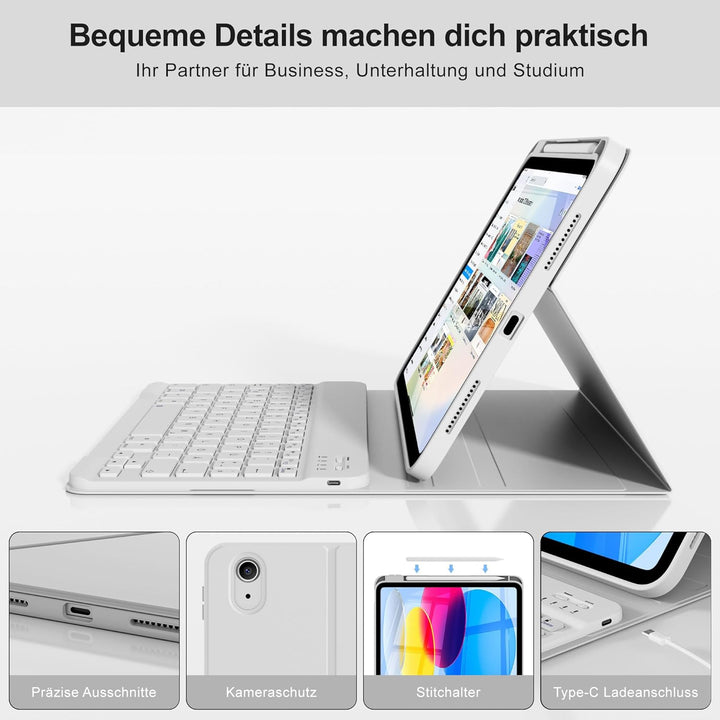 Hülle mit Tastatur für iPad A16 11/10 Generation (2025/2022, 11/10.9 Zoll) - QWERTZ Deutsches Layout