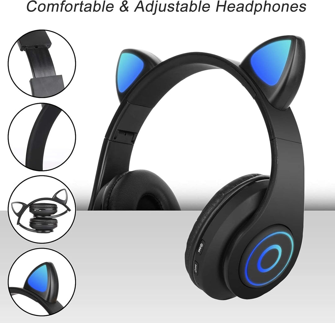 Sendowtek Kinder Kopfhörer, Bluetooth Kinderkopfhörer Over Ear Niedlich Katze mit Ohr Blinkendes Lic