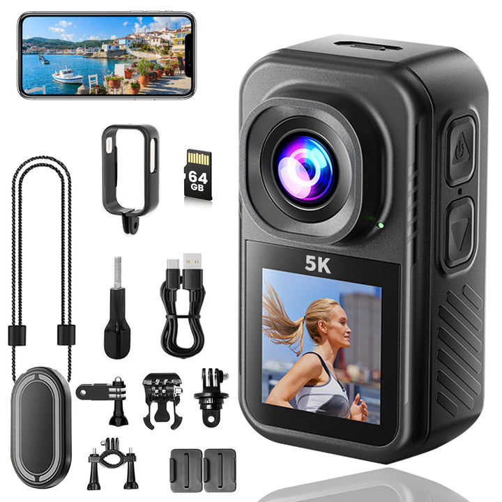 Action Cam 5K, Mini Sportkamera WiFi mit 64G Speicherkarte, Körperkameras mit Audio- und Videonachze