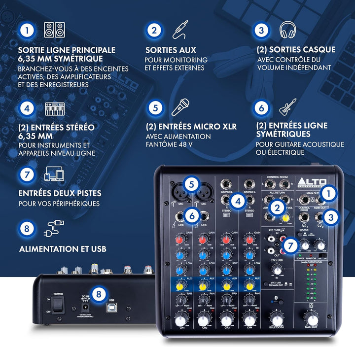 Alto TrueMix 600 Audio Mixer mit 2 XLR-Mikrofoneingängen, USB Audio Interface und Bluetooth für Podc
