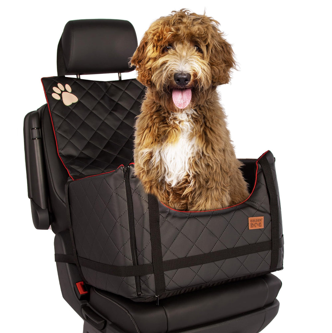 Golden Dog - Transportbox Hund mit Sicherheitsgurt XL-75x55x33 cm - Leder Imitation Autositz Hund, W