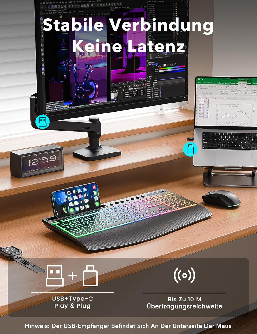 Tastatur Maus Set kabellos Beleuchtete, Wiederaufladbare Tastatur mit 4000 mAh Akku, Telefonhalter,