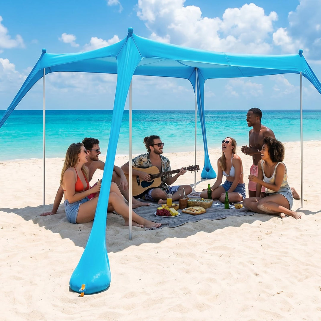 UPF50+ Strandzelt 3m x 3m, Schatten Zelt Strandmuschel Beachmit Sandschaufel & Erdnägeln und 4 Stütz