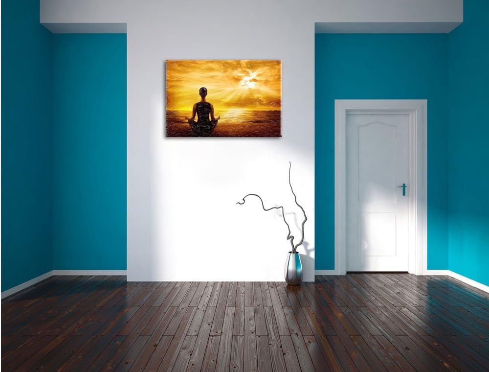 Pixxprint Frau meditiert bei Sonnenaufgang am Strand Kunst Buntstift Effekt, Format: 100x70 auf Lein