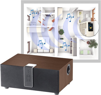 auvisio HiFi-Lautsprecher: WLAN-Multiroom-Lautsprecher mit Subwoofer, BT, Airplay, 80 W, walnuss (Br