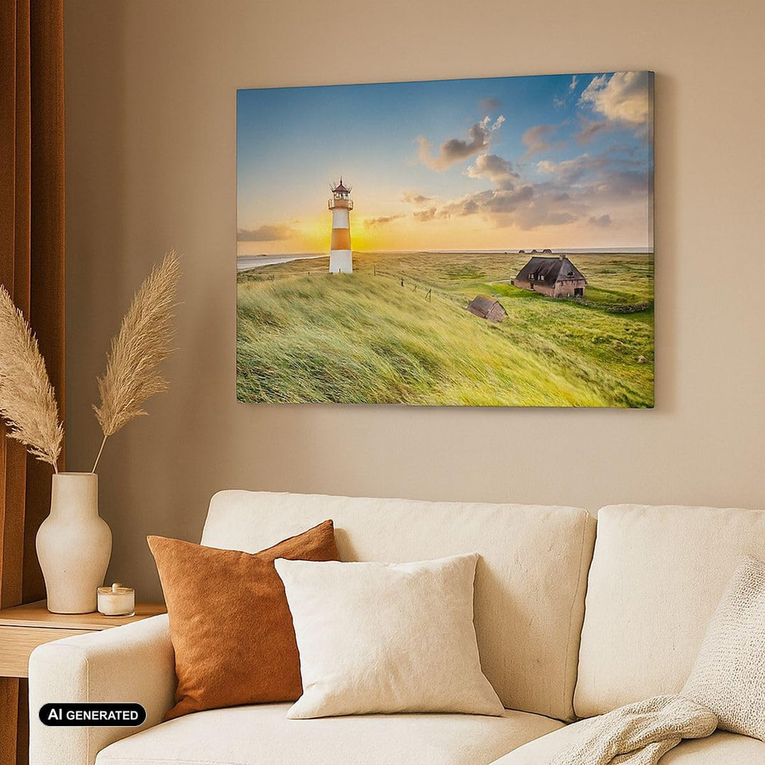 Bilder auf Leinwand Leuchtturm Meer Leinwandbild mit Rahmen 70x50cm Wandbilder Dekoration Wohnzimmer