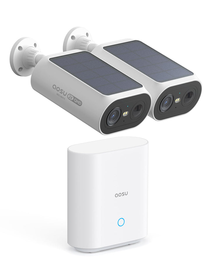 aosu 2K Überwachungskamera Aussen Solar Akku 2 Cam-Kit mit aosuBase Integrierte Solarplatte,Kein ABO