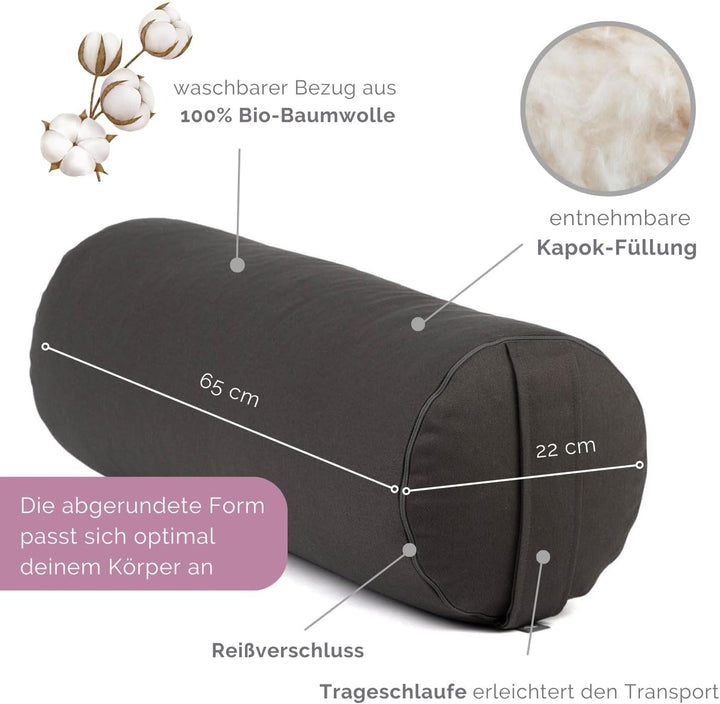 Bodhi Yoga Bolster | ECO Serie | Yogarolle mit Kapok-Füllung | Waschbarer Bezug aus 100% Bio-Baumwol