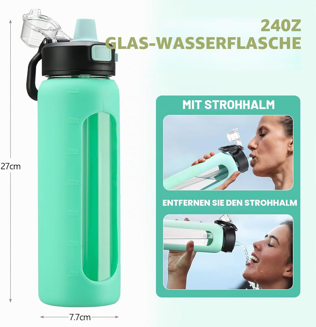 BLUEGO 700ml Trinkflasche Glas mit Strohhalm und Griff Auslaufsichere Wasserflasche mit Silikonhülle