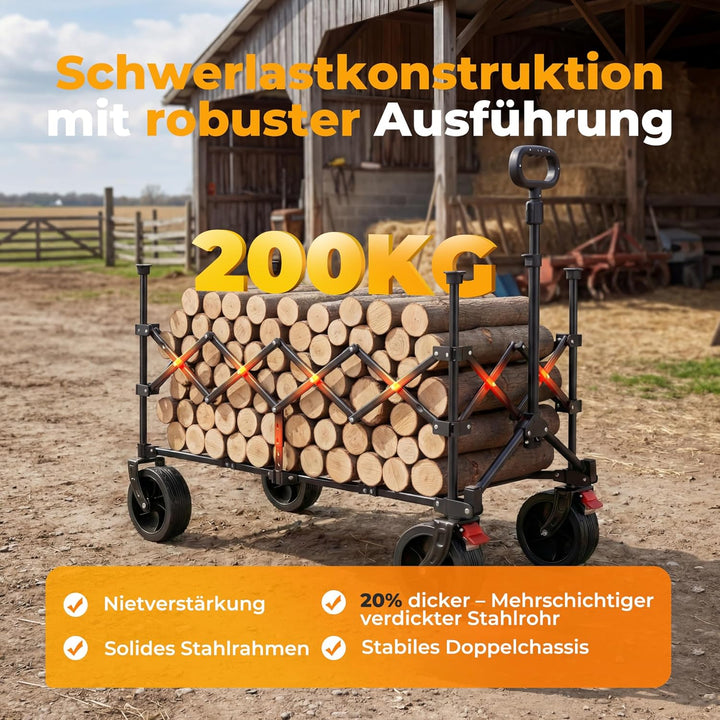 Homecall Bollerwagen Faltbar 200L, Bis 200KG mit Regenschutz, Bremsen | Strandwagen Klappbar mit Ref