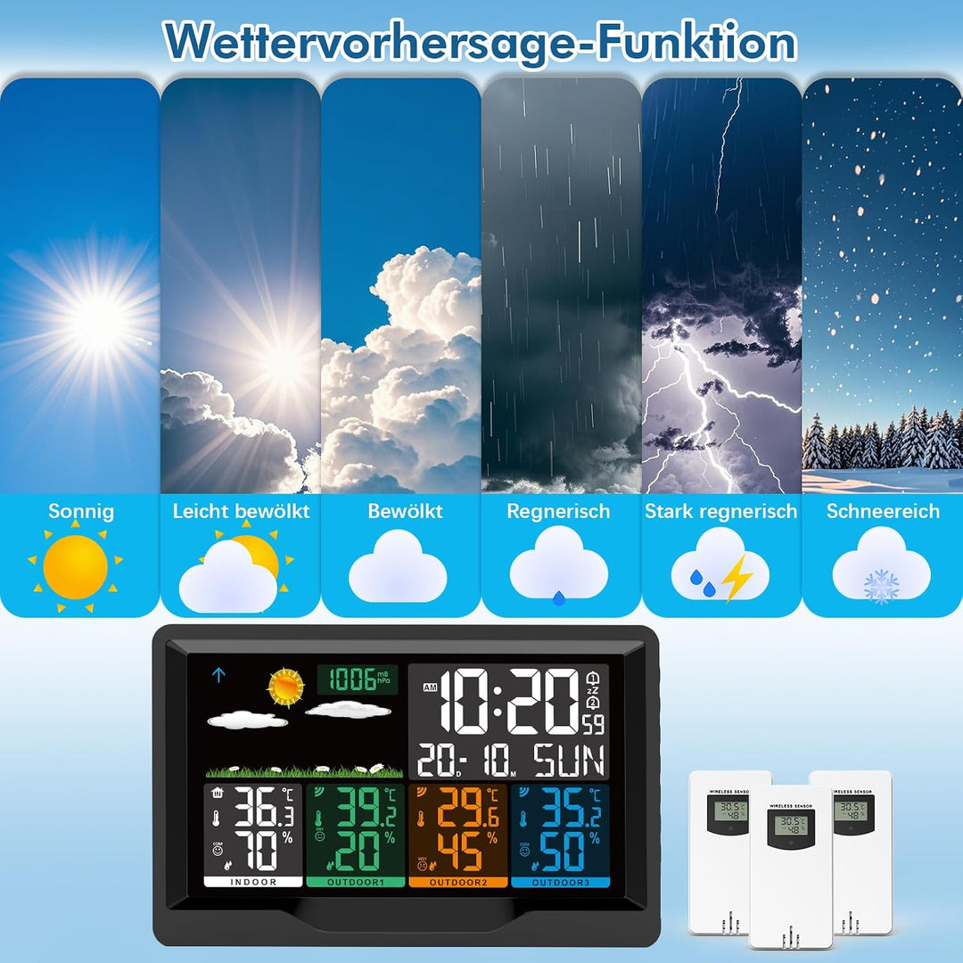 Wetterstation Funk mit Aussensensor, Wetterstation Funk mit 3 Aussensensor, 7,5" VA-Farbdisplay Funk