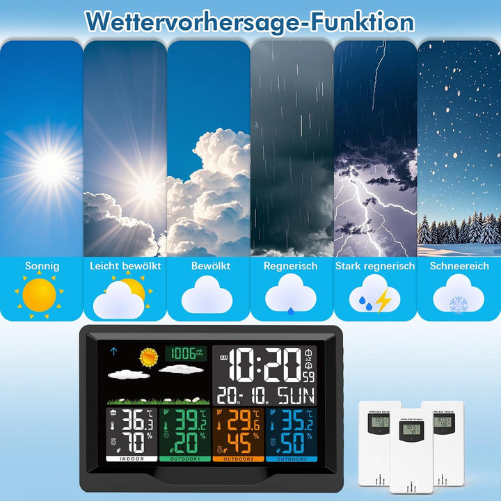 Wetterstation Funk mit Aussensensor, Wetterstation Funk mit 3 Aussensensor, 7,5" VA-Farbdisplay Funk