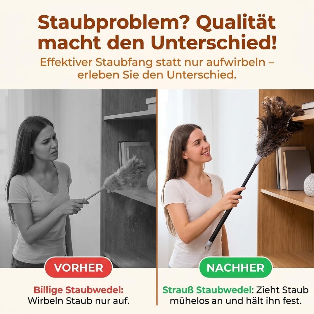 Strauss Staubwedel mit originalen Straussenfedern - Staubwischer mit Teleskopstiel für müheloses Sta