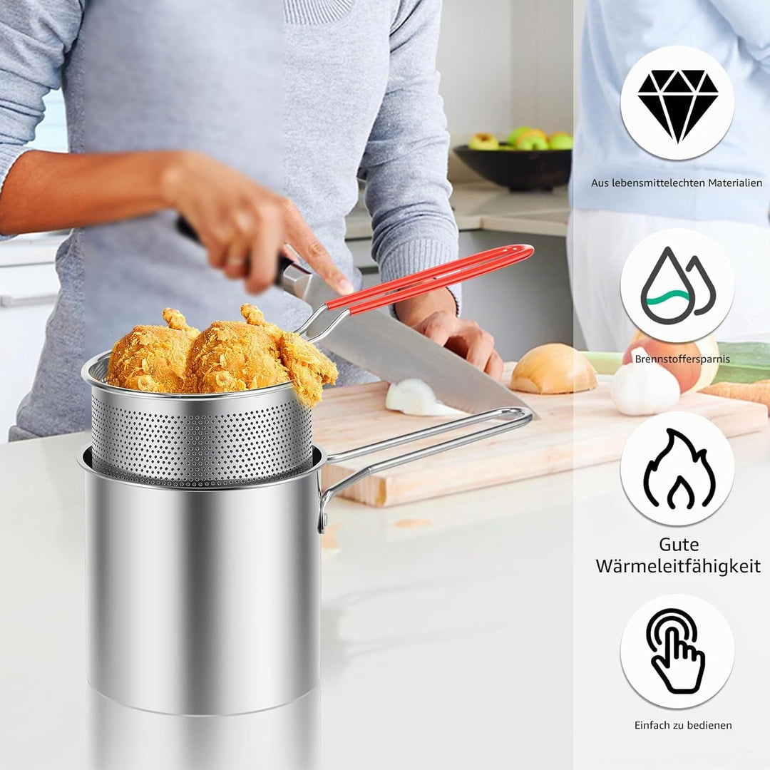 Fritteuse mit Korb, 304 Edelstahl, Fritteusentopf mit Siebkorb, 1200 ml, Mini-Ölfritteuse mit Griff,