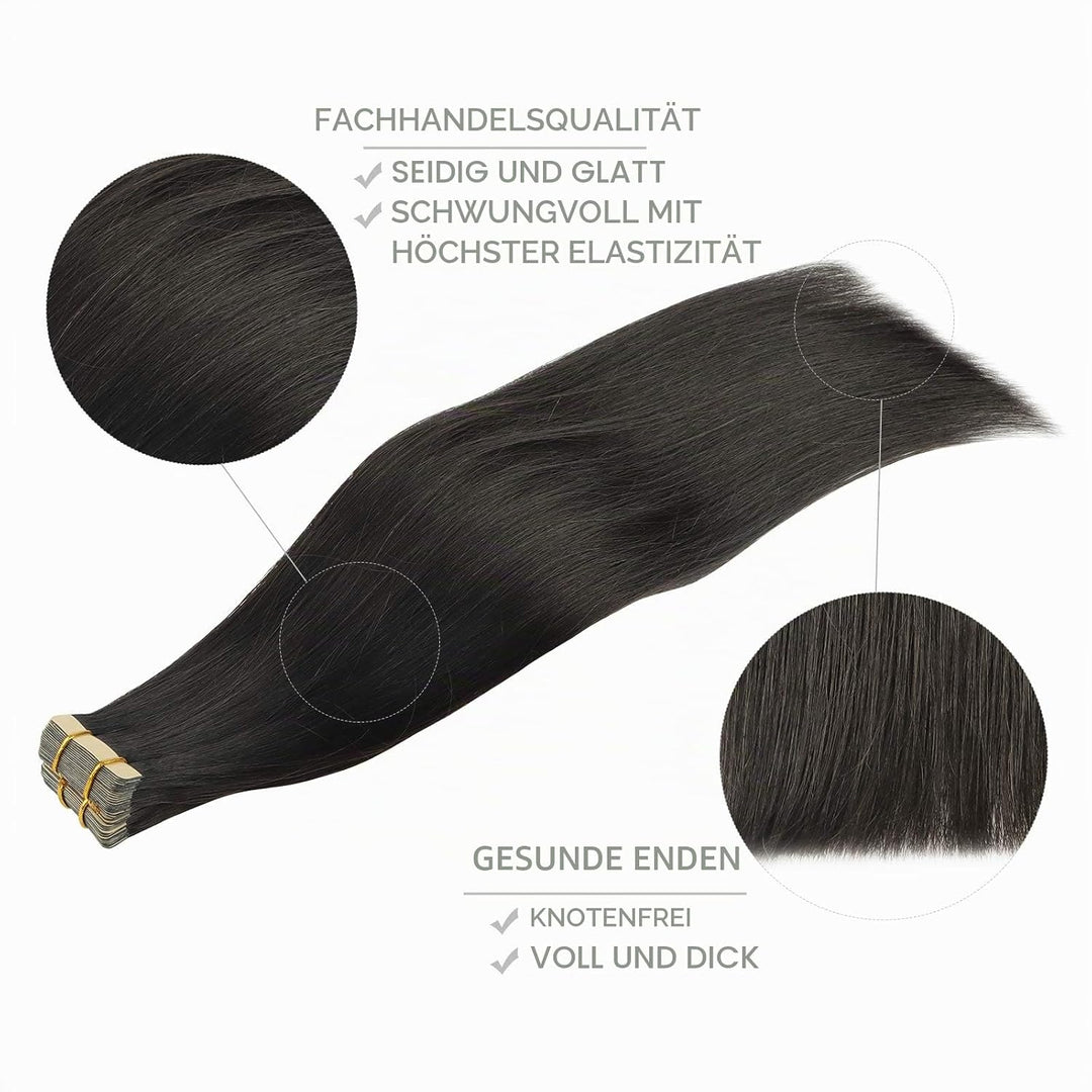 WENNALIFE Tape Extensions Echthaar, 20pcs 50g 60cm 24 Zoll Natürliches Schwarz Remy Invisible Tape E