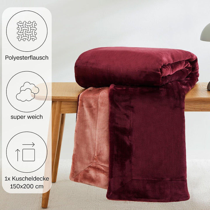 s.Oliver Doublesoft Kuscheldecke 150x200 - super kuschelig &amp; warm, Polyesterflausch Decke dunkelrot