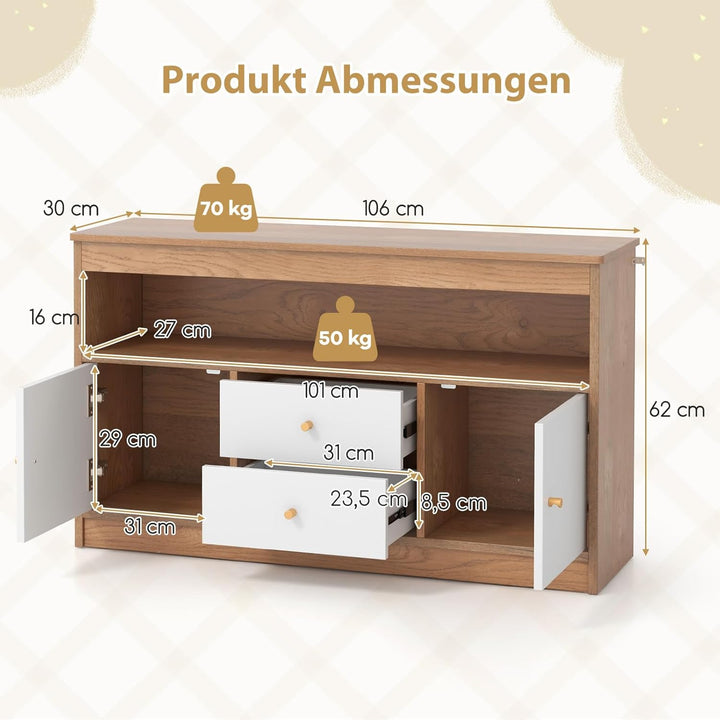 COSTWAY Spielzeugschrank Kinder, Kinderregal aus Holz, Kinderschrank mit 2 Schubladen & 2 Türen, Spi