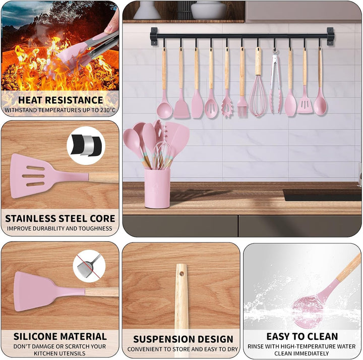 12 Stück Professionelle Silikon Küchenutensilien mit Holzgriffen - Hitzebeständig bis 230°C, Antihaf