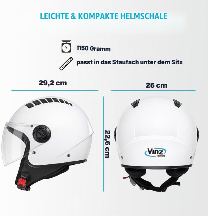 VINZ Como Jethelm mit Visier ECE 22.06 Zertifiziert | Roller Helm Mopedhelm Für Motoroller &amp; Vespa |