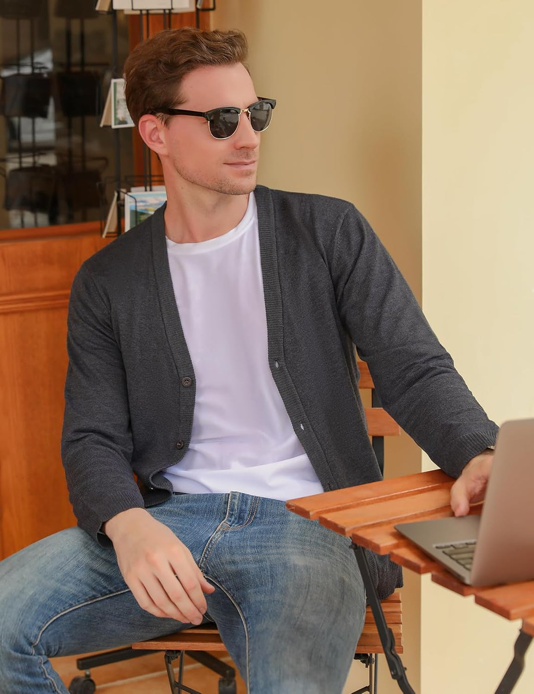 iClosam Herren Strickjacke Cardigan Mit V-Ausschnitt Aus Baumwolle Dunkel Grau L, Dunkel Grau L