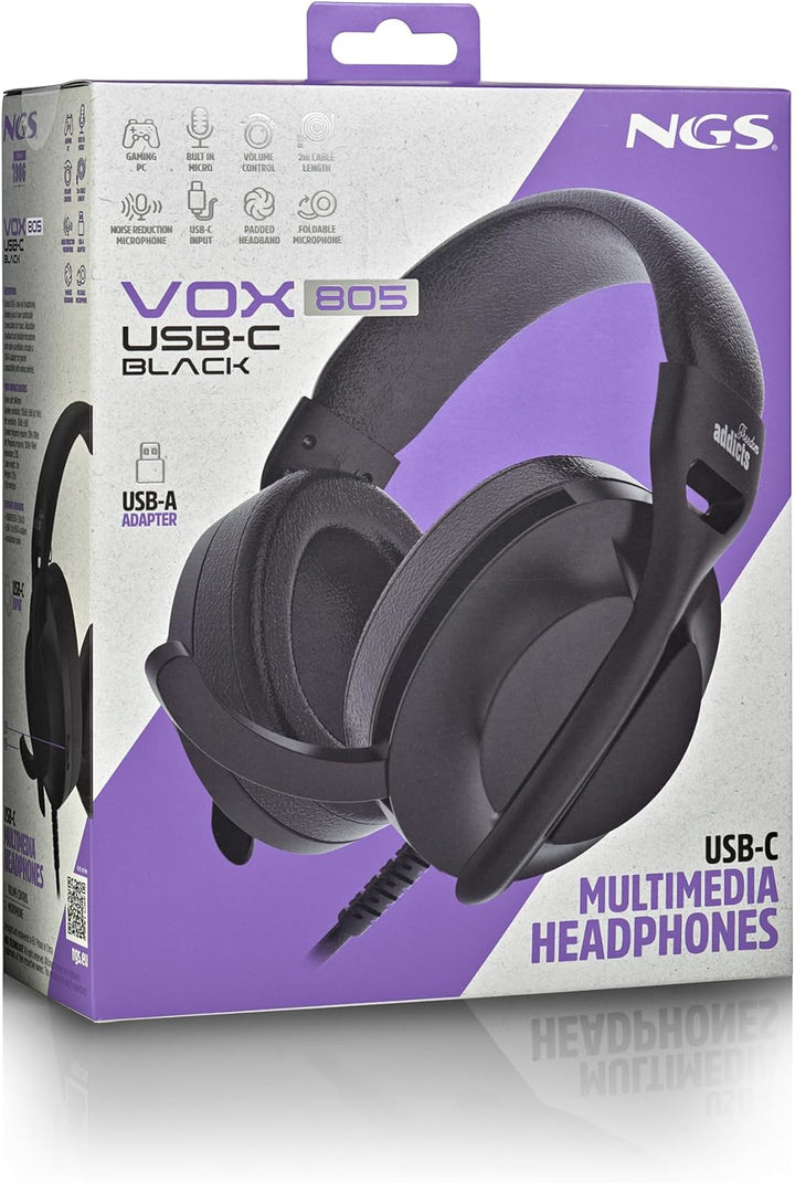 NGS VOX 805 Stereo-Kopfhörer, verstellbares Mikrofon, USB-C und USB-A-Adapter, Geräuschunterdrückung