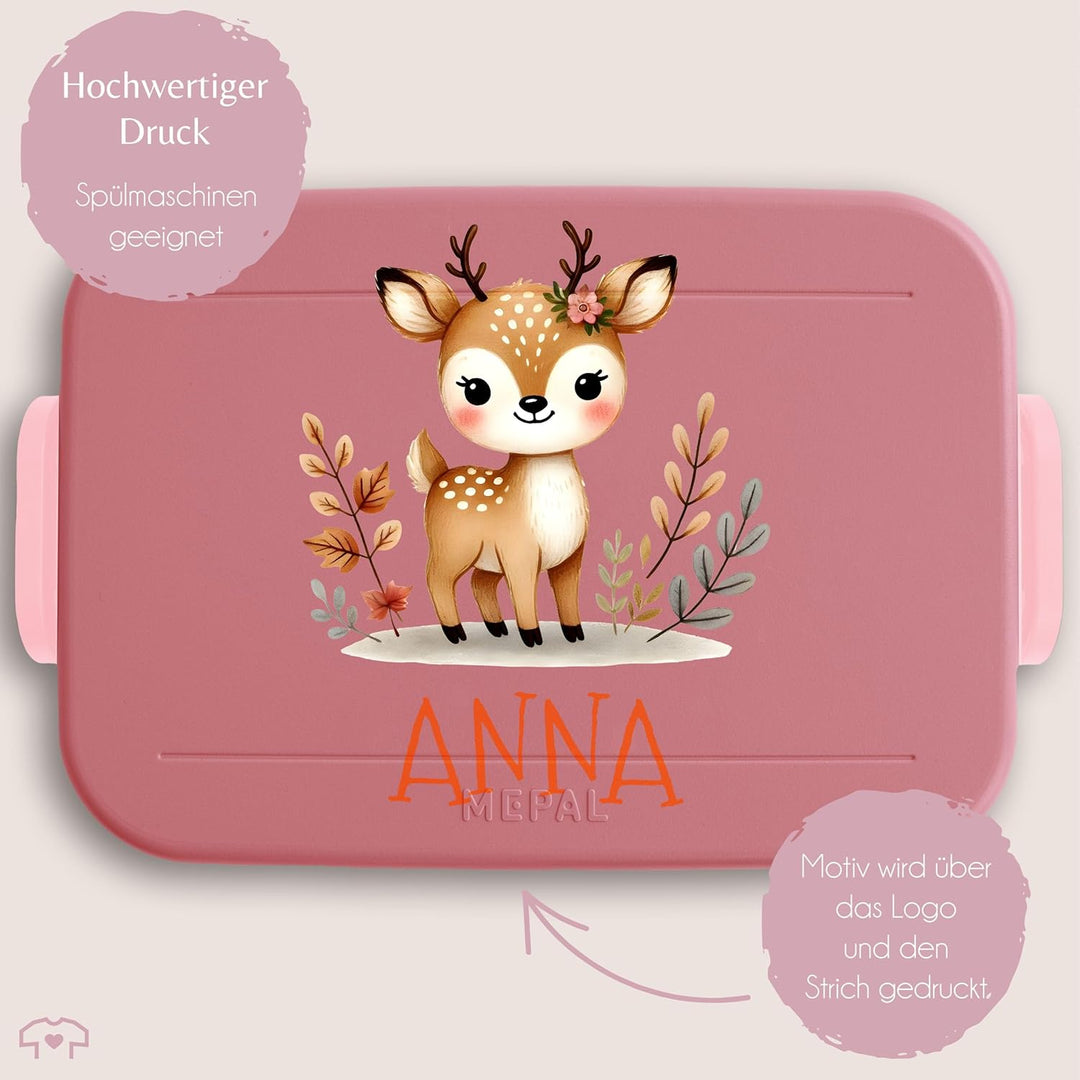 Kinder Bento Box Midi Lunchbox Mepal Bentobox - Kinderbrotdose mit Reh-Motiv | Personalisierte Kinde