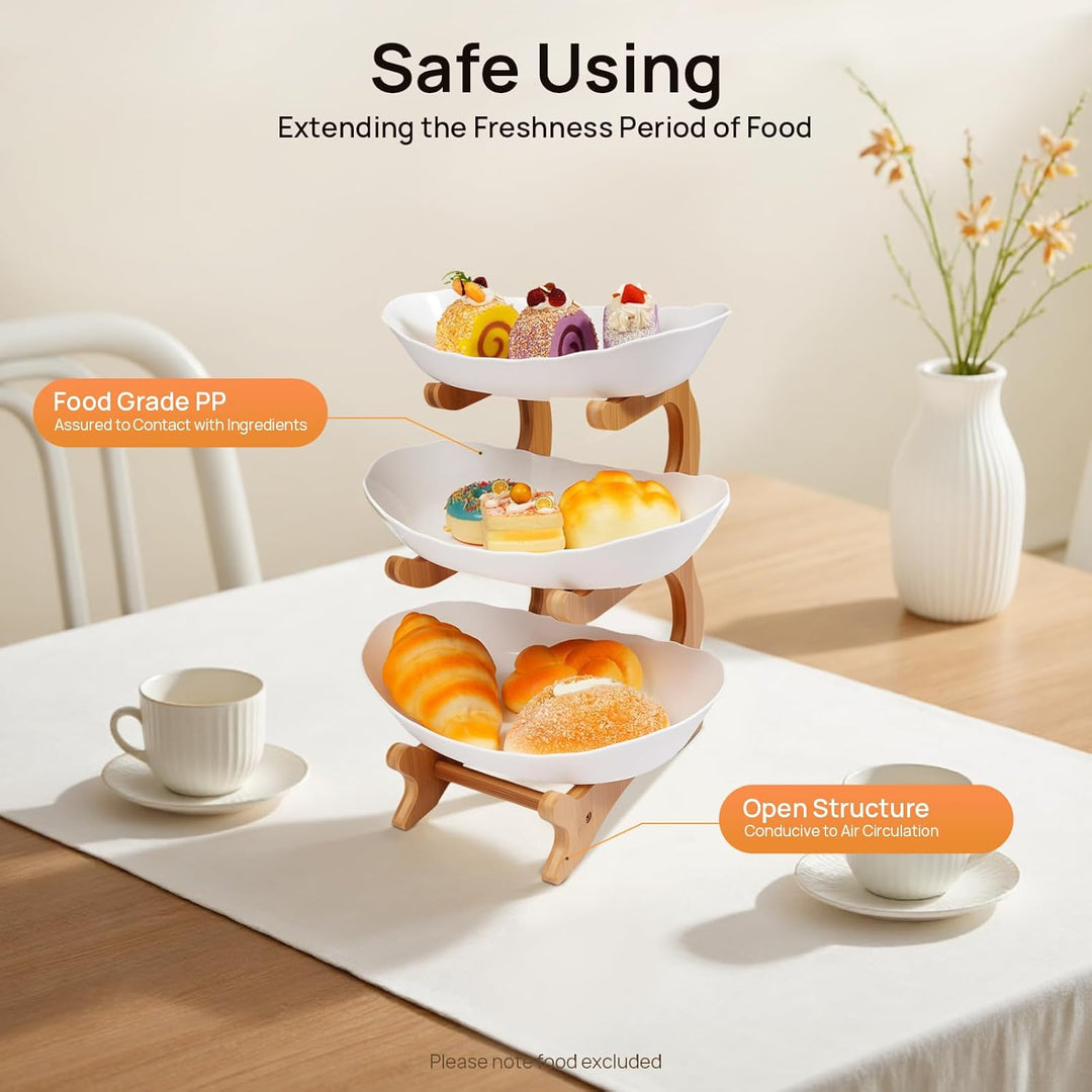 Kunststoff 3 Tier Obst und Snack Tray mit natürlichen Bambus-Ständer für Obst, Brot, Snacks, Obstkor