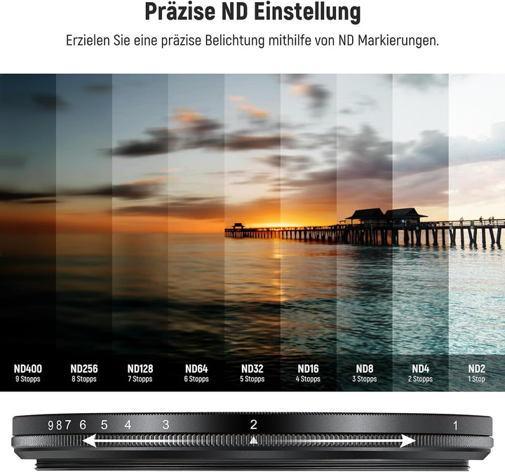 NEEWER 67mm ND2-400 (1-9 Stop) Variabler ND Filter mit Objektivdeckel Trageband Reinigungstuch präzi