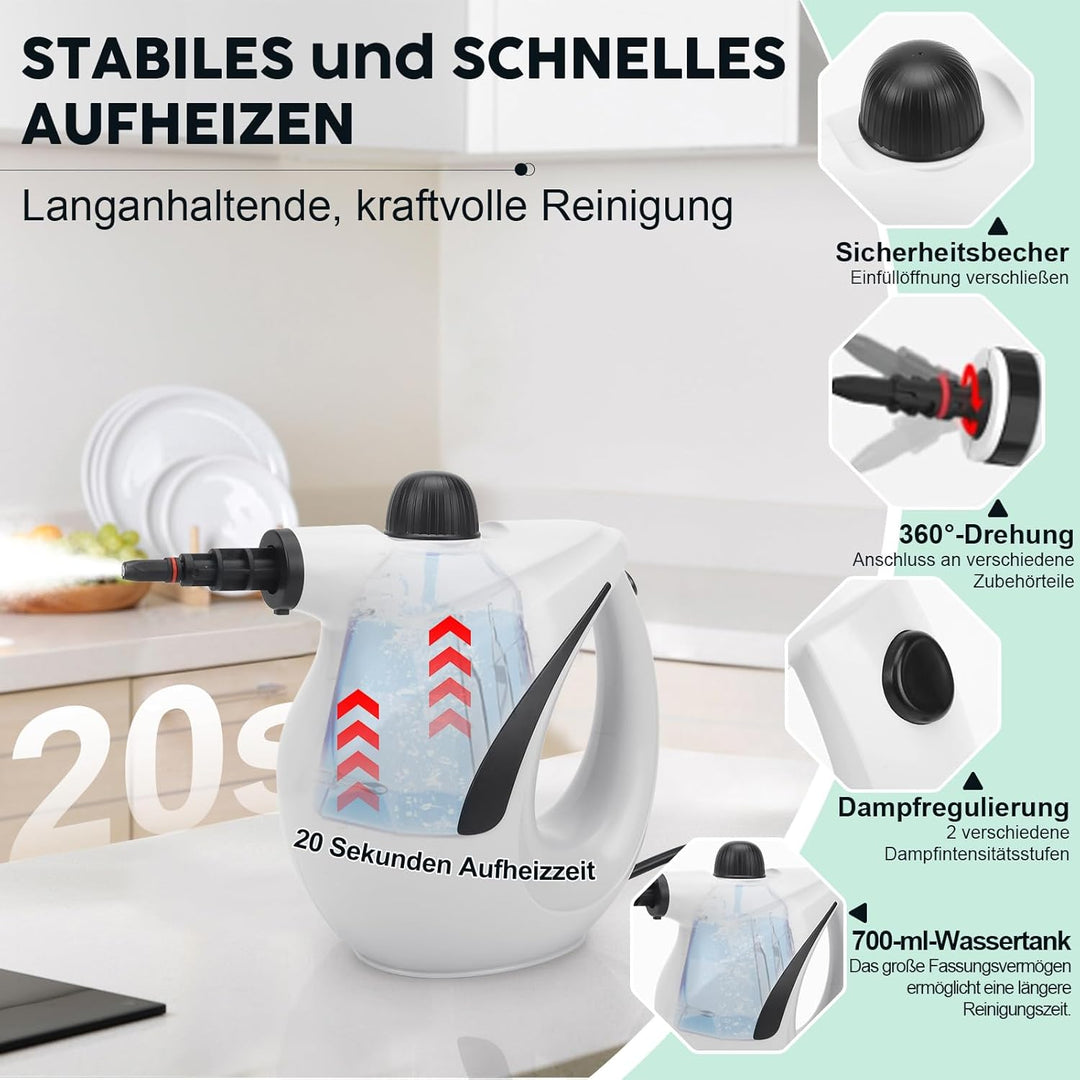 Dampfreiniger Handgerät, 1200W Hand Dampfreiniger für alles mit 8 Zubehör, 3.2 bar Dampfdruck 700ML