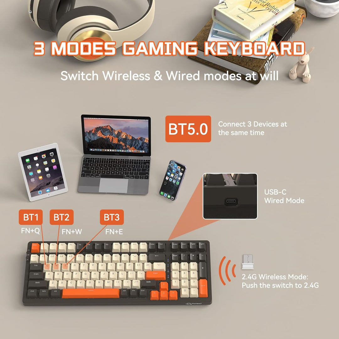 MAMBASNAKE K8 Bunte mechanische 3-Modu Tastatur, 2.4G kabellose Bluetooth Gaming Tastatur mit Spiral