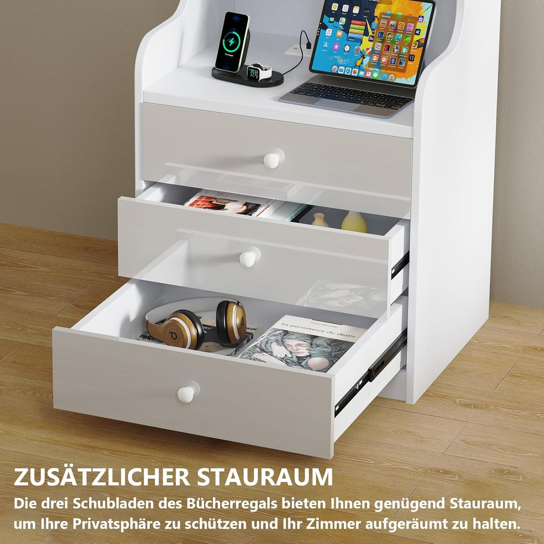 PIPIPOXER Nachttisch Mit Steckdose & USB, Weiss Hochglanz Mit 3 Schubladen, Moderne Für Wohn- Und Sc