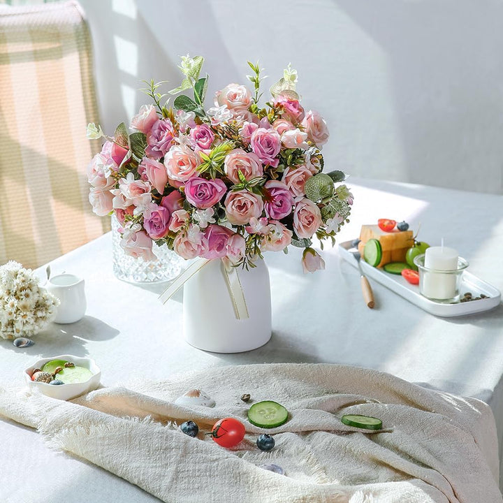LESING Künstliche Seidenrose mit Vase, künstliche Blumen, Hochzeitsblumen, Blumensträusse, Arrangeme