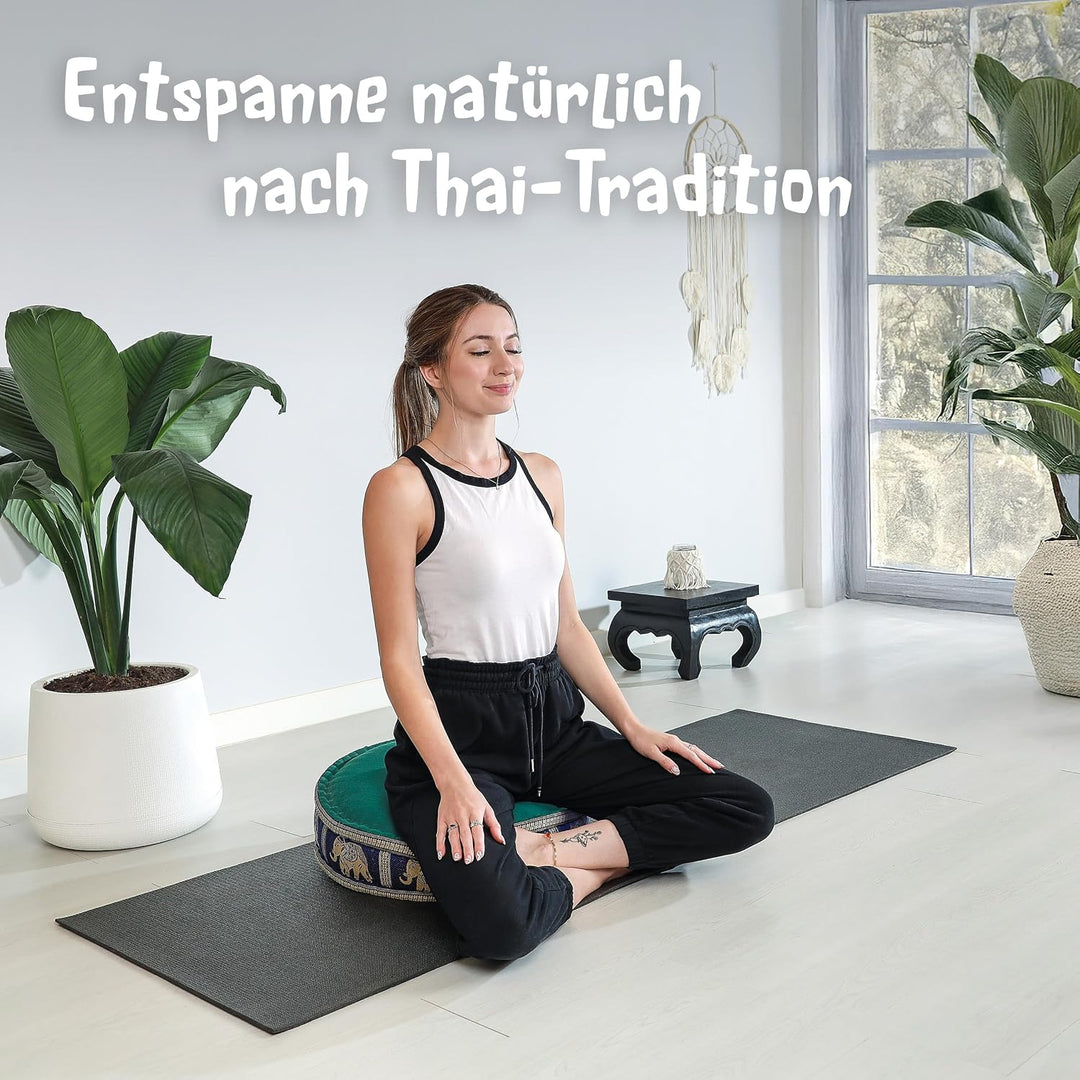 livasia Meditationskissen mit Thaiseide - Ø 45x15cm - Yogakissen mit Kapok, Pouf, Bodenkissen für Yo