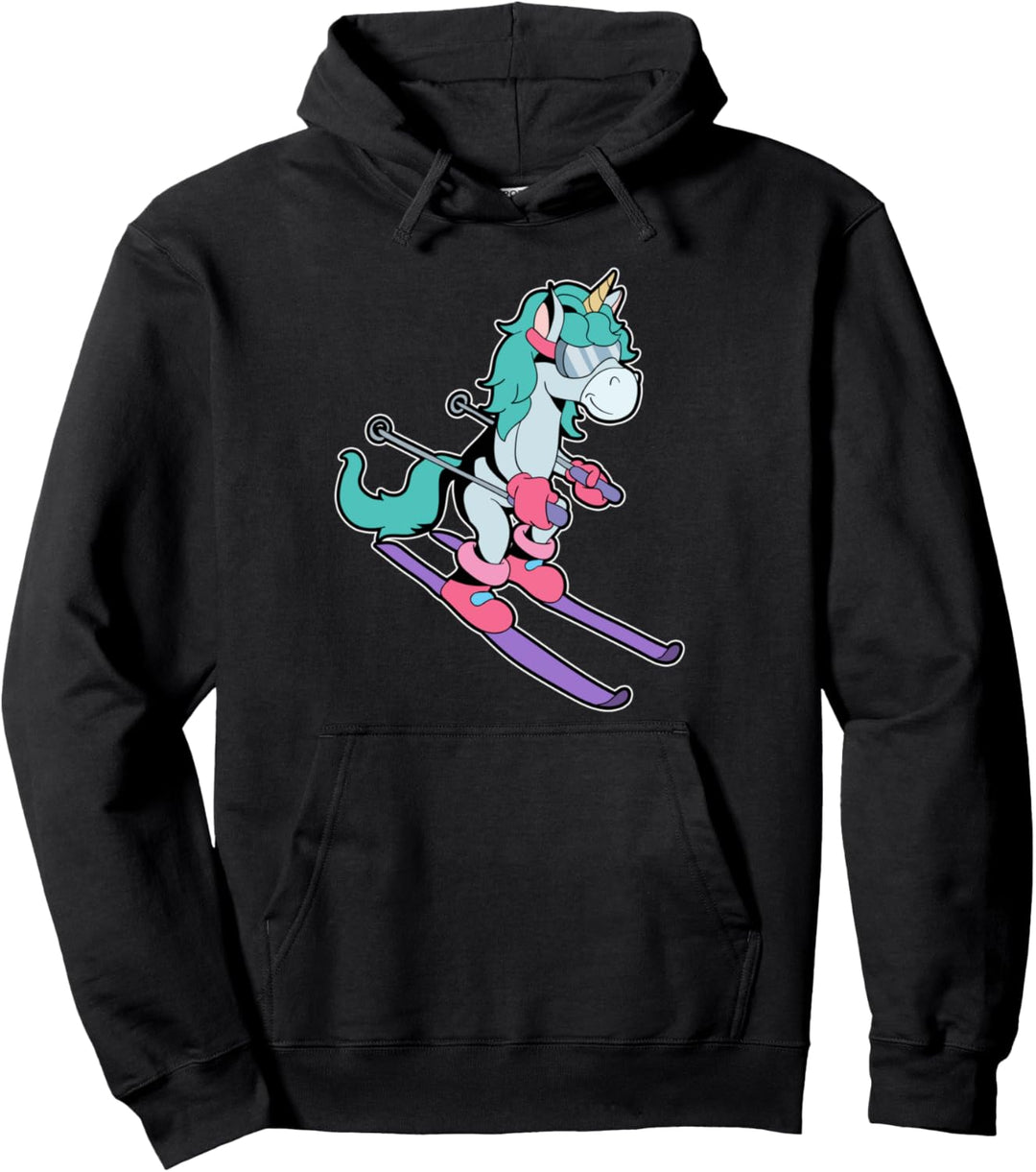 Comic Einhorn fährt Ski Pullover Hoodie