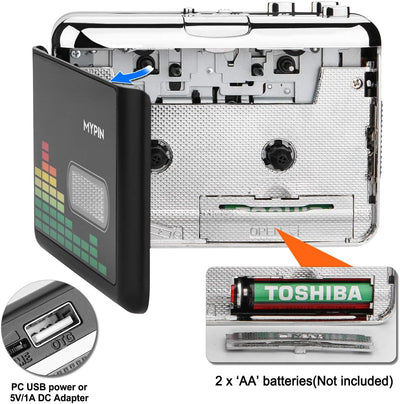 MYPIN Kassettenspieler, Tragbarer Kassettenkonverter USB Audio Kassette zu MP3 Player Konverter Kass