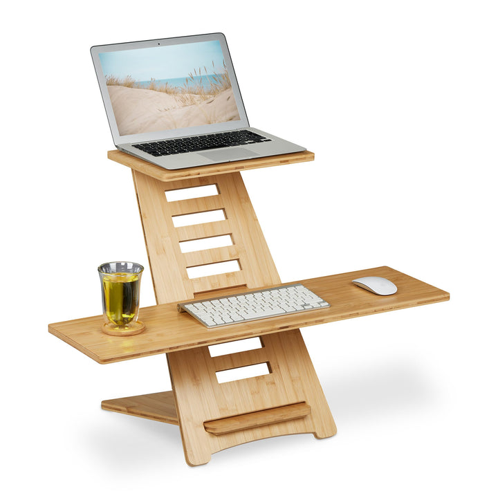 Relaxdays Stehpult Aufsatz Schreibtisch, Bambus, 2 Ablagen, höhenverstellbar, Laptop Steh-Schreibtis