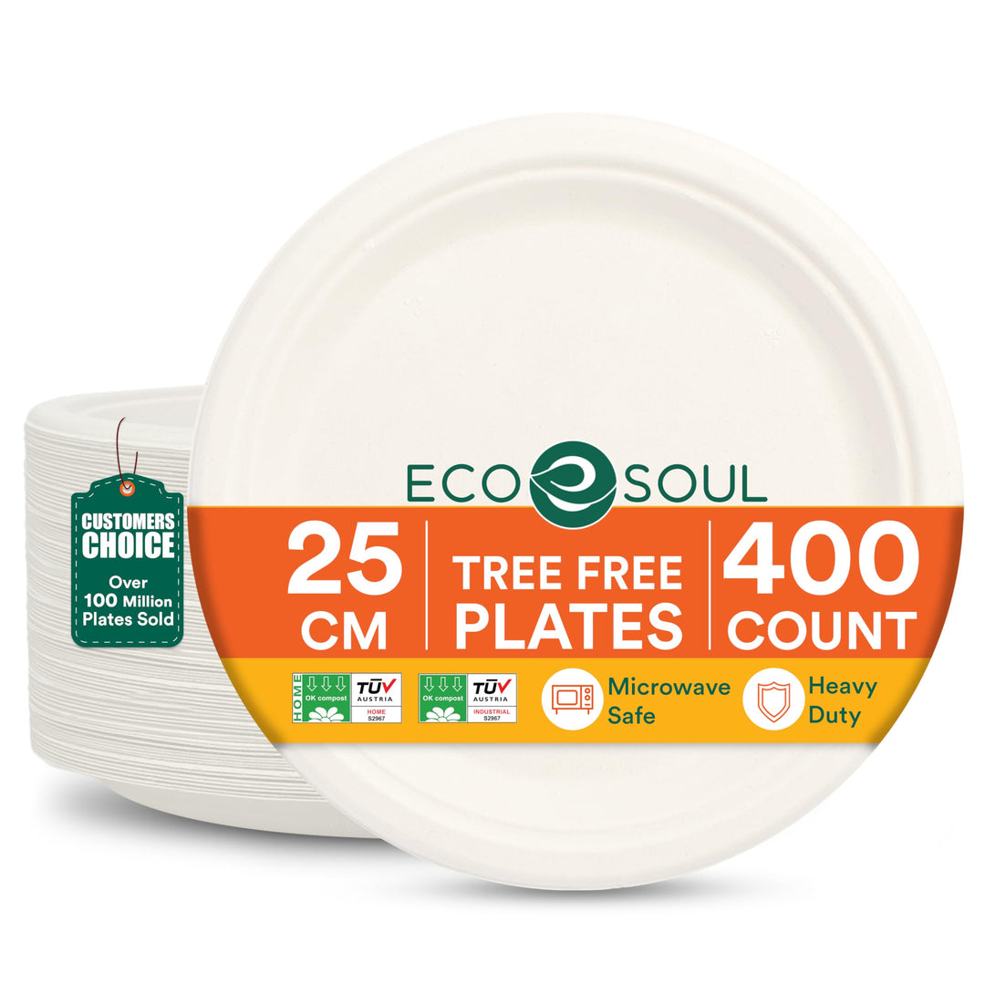 ECO SOUL Pearl White Runde 25cm Bagasse Pappteller (400 Stück), Einweggeschirr und 100% Kompostierba