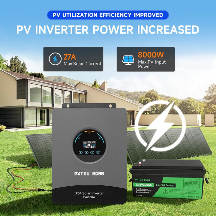 DATOUBOSS 6000W Hybrid Solar Wechselrichter 48V, Reiner Sinus Inverter mit 120A MPPT, IP54 Staub- &