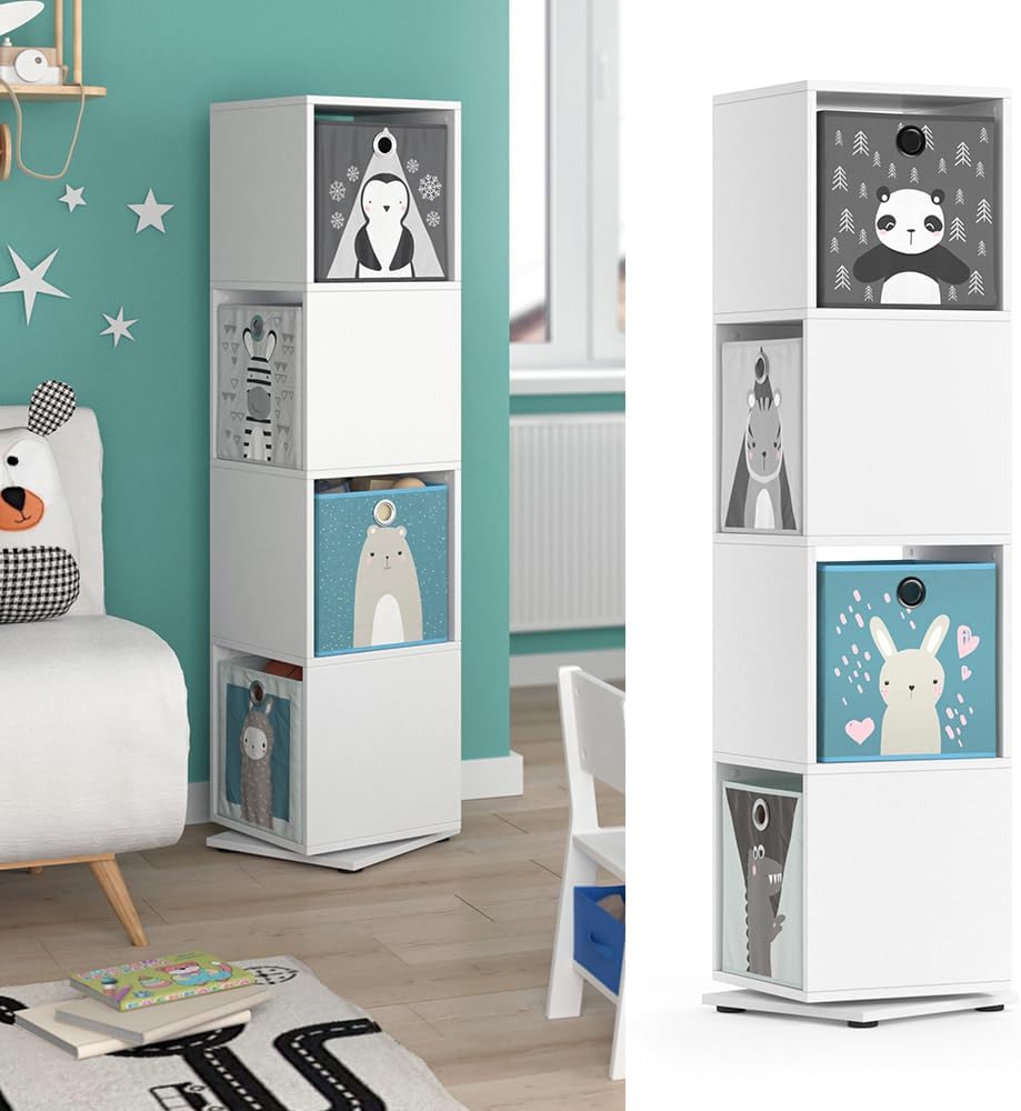 Vicco Kinderregal, Weiss, 35.2 x 141.5 cm mit 4 Faltboxen Weiss Drehregal + 4 Faltboxen, Weiss Drehr