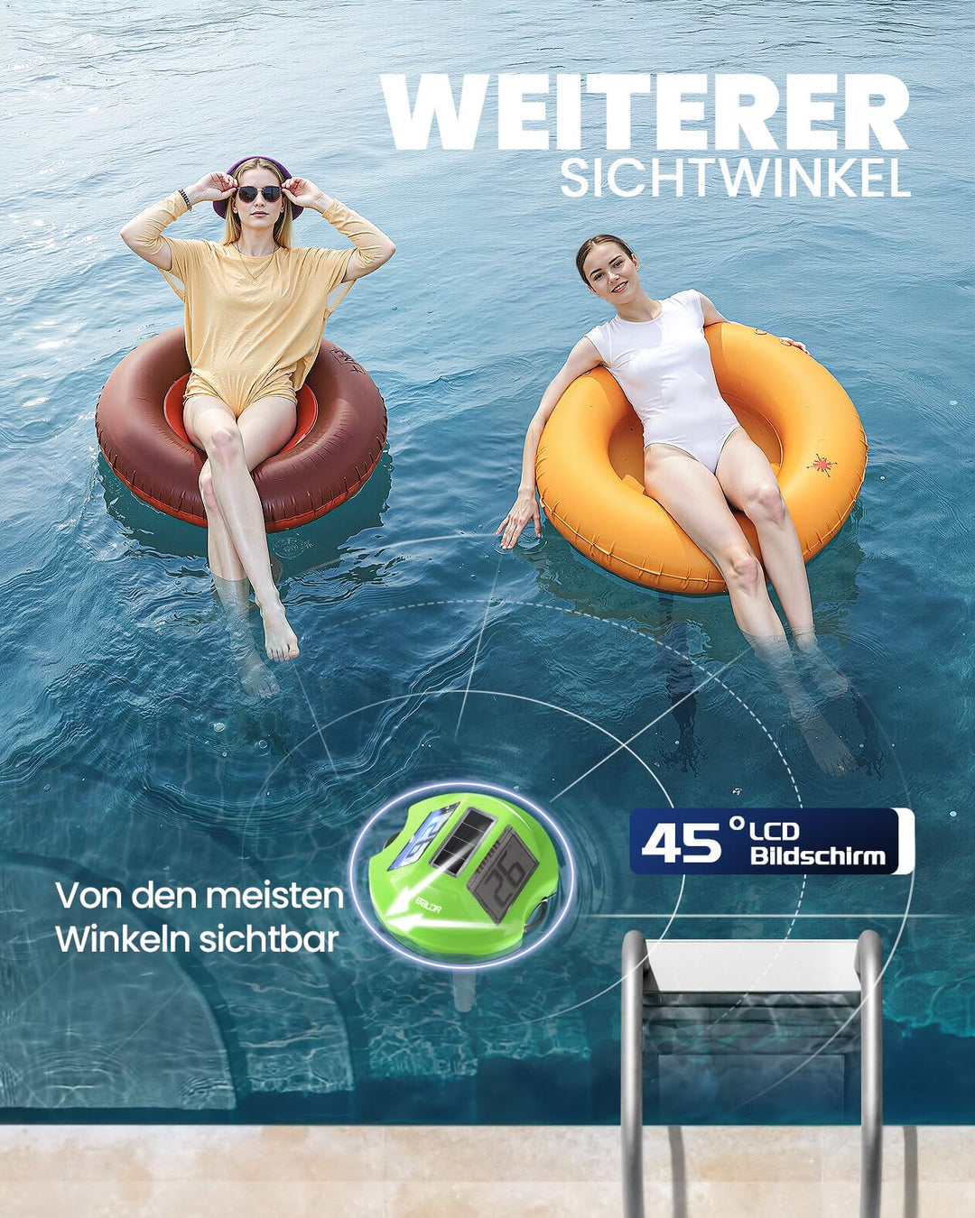 BALDR Solar Schwimmendes für Pool mit zwei grossen Displays | IPX7 wasserdichter digitaler Temperatu