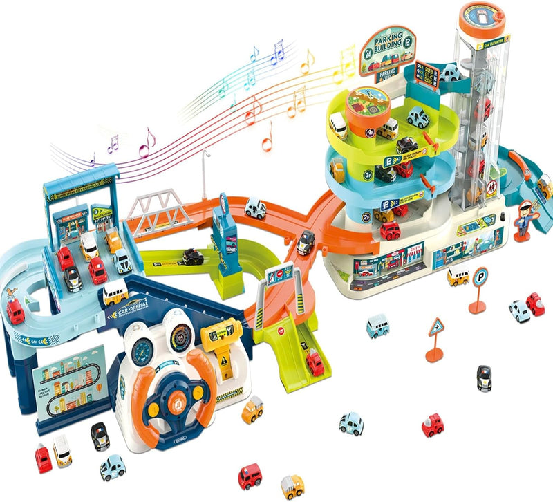 fisca 2-in-1-Rennwagen-Spielset für Kinder, Spielzeugauto-Rampenbahn und Hebeparkplatz, Dual-Modus K