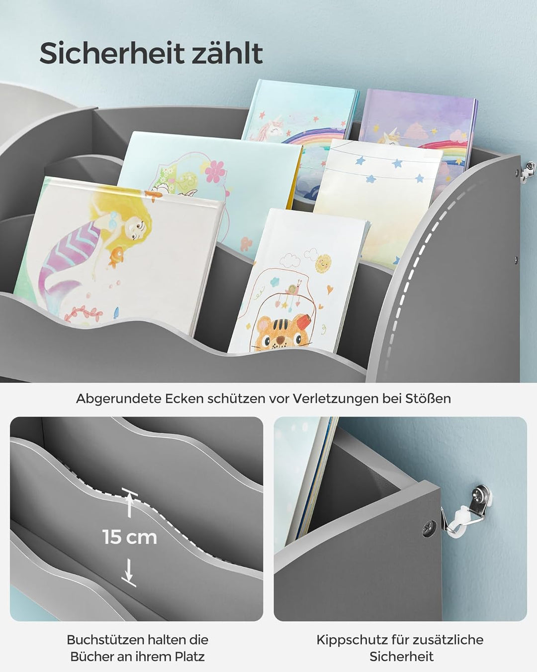 SONGMICS Bücherregal Kinder, Kinderregal für Spielzeug und Bücher, Aufbewahrung mit 2 Boxen, für Spi